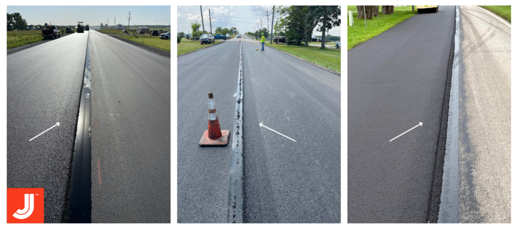 on three different roads, there is a shadow on the edge of a HMA mat of pavement that has just been paved over a band of VRAM