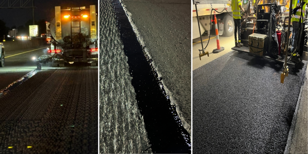 VRAM is placed along the edge shoulder of a concrete lane so the asphalt-concrete interface can be sealed