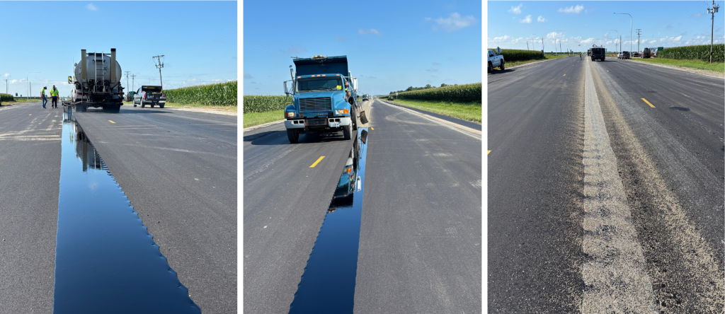 For this road, after application, the VRAM band was optionally sanded to prevent pickup before the surface course was placed—without affecting VRAM’s upward migration into the asphalt mat.