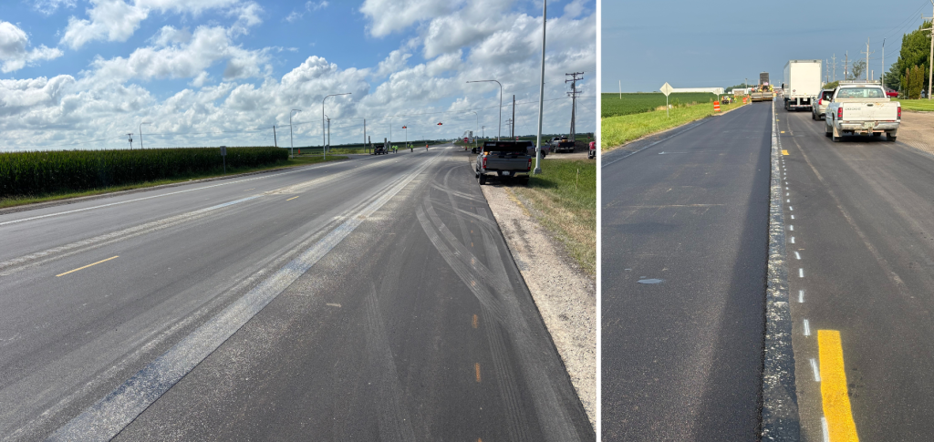 Three sanded bands of VRAM for each lane-to-lane joint. The shadow of the VRAM material on the asphalt mat demonstrates VRAM filling air voids and protecting the area around the joint. Read more about the shadow here. 